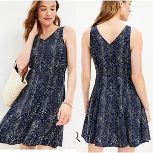 LOFT Star Godet V Neck Belted Dress Blue White Size Large NWT
